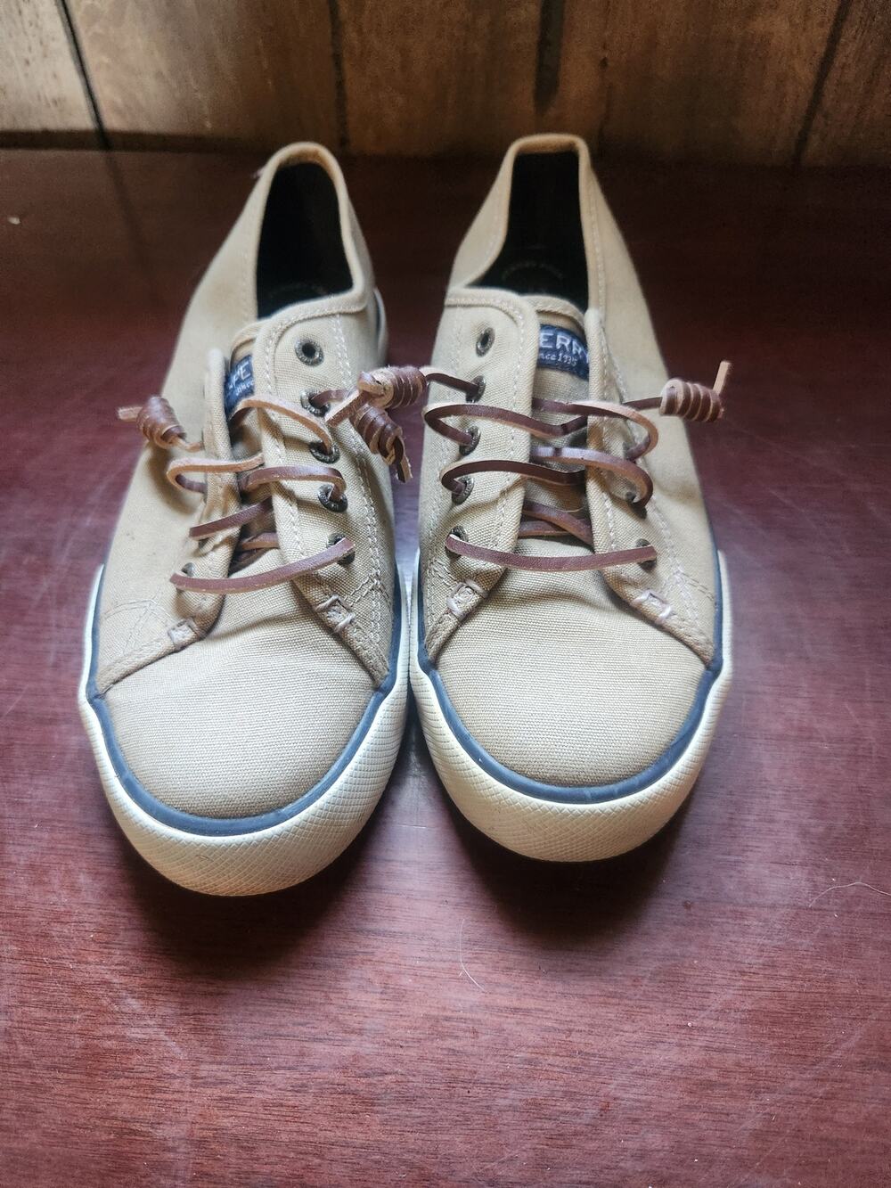 Sperry Women's Tan Canvas Boat Shoes Size 7M Leather Laces